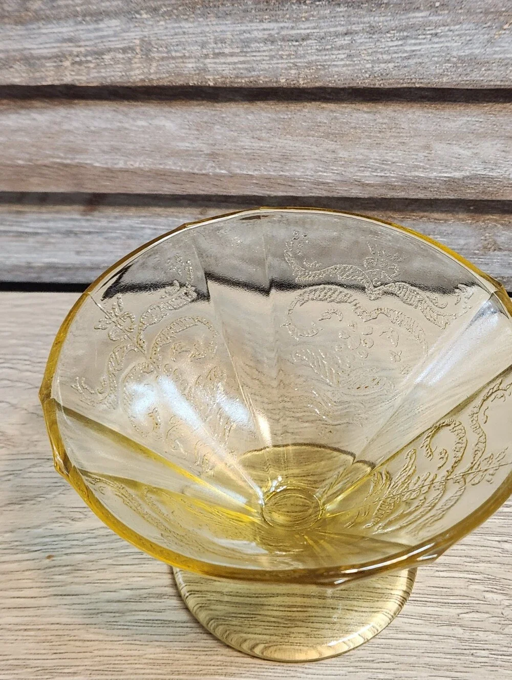 Federal Glass Madrid Pattern Yellow Amber Depression Glass Sherbet Dish